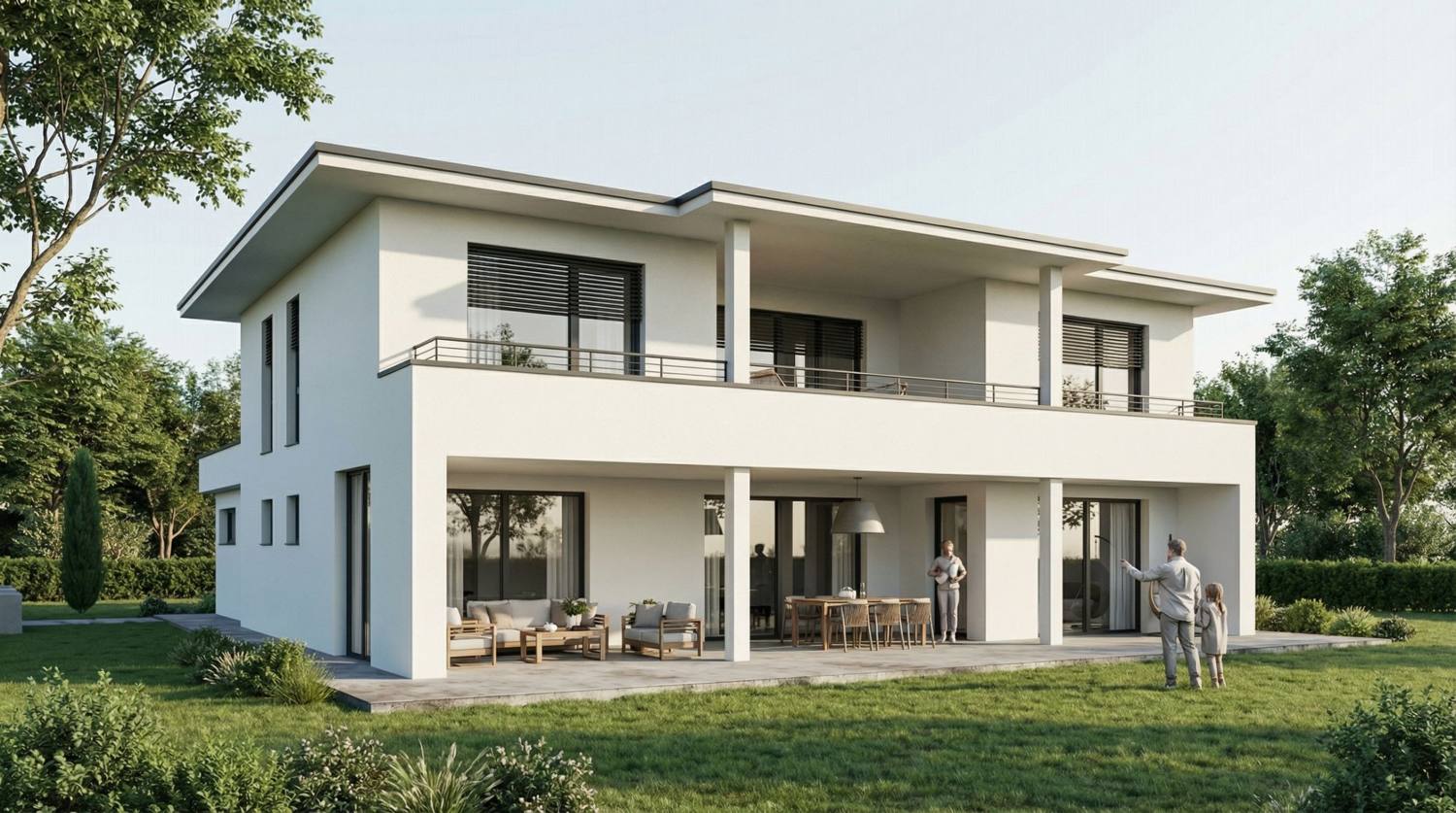 Zweigeschoßiges weißes Einfamilienhaus mit flachem Walmdach, überdachter Terrasse mit Stützen und Balkon über die ganze Breite, Visualisierung