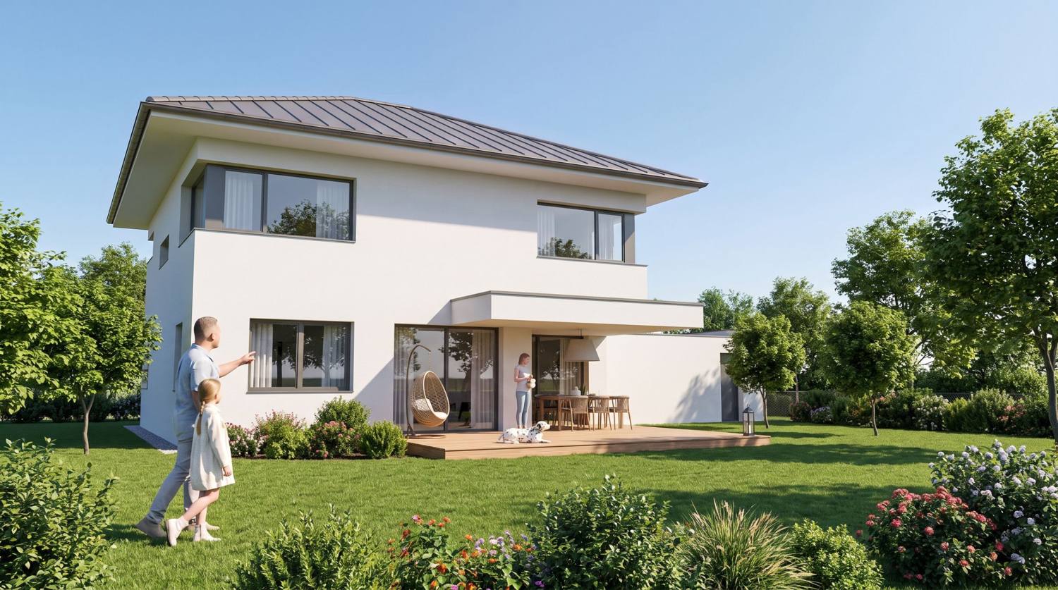 Zweigeschoßiges weißes Einfamilienhaus mit flachem Walmdach, Vordach über der Holzterrasse und Garten, Visualisierung