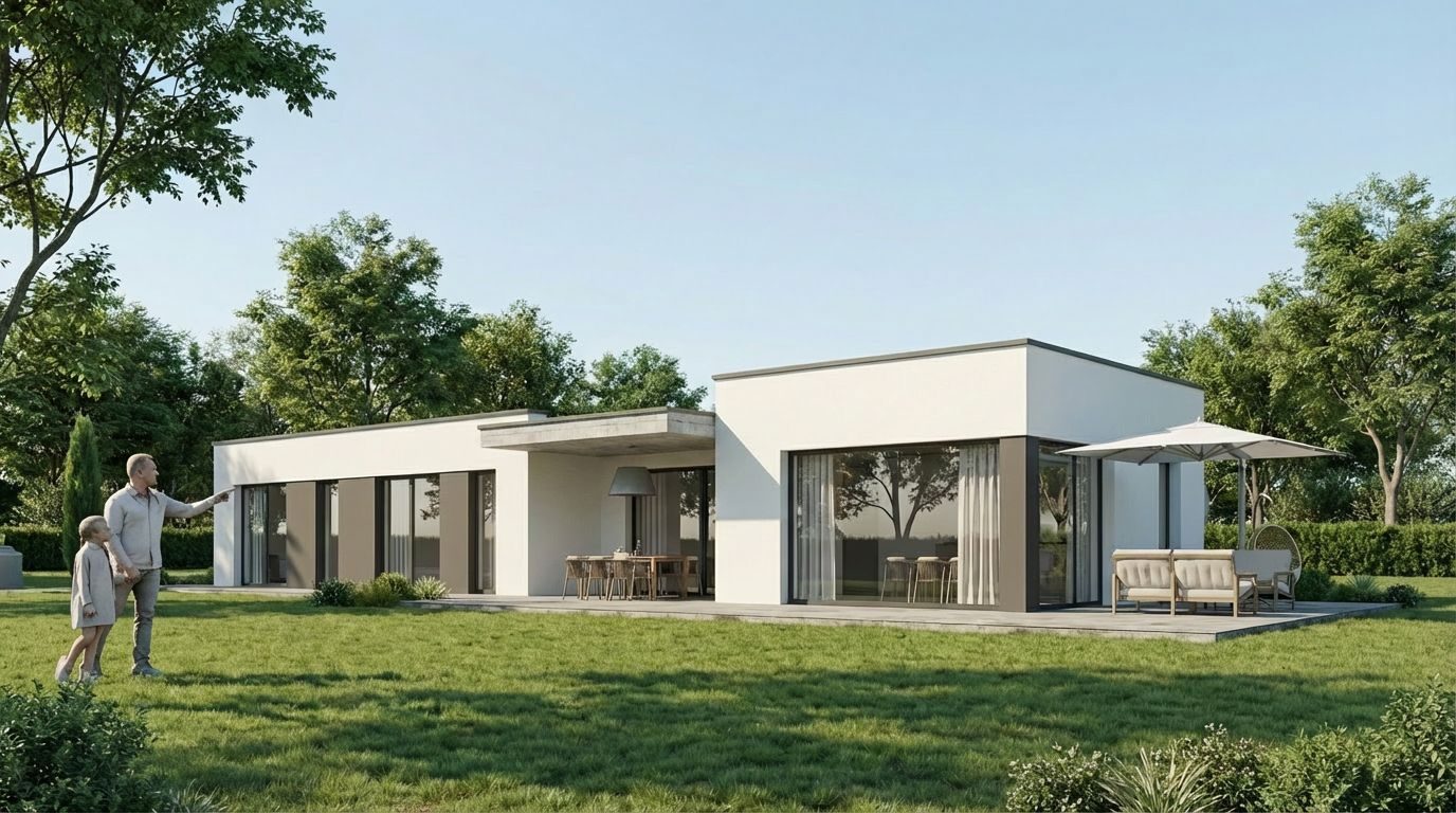 Eingeschoßiger weißer Bungalow mit Flachdach, großen Glasflächen und Terrasse im Garten, Visualisierung