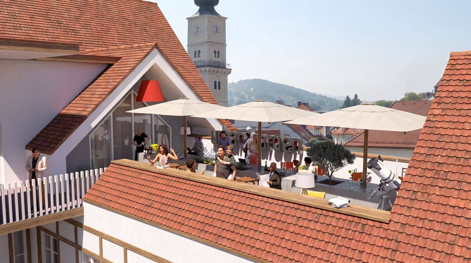 Dachterrasse im Stadthaus mit Sonnenschirmen und Blick auf den Kirchturm, Visualisierung