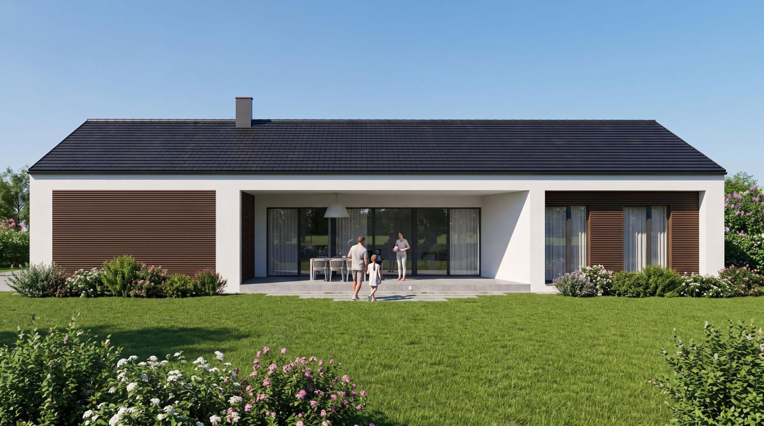 Eingeschoßiger Bungalow mit dunklem Satteldach, Holzlamellen und eingeschnittener überdachter Terrasse, Visualisierung