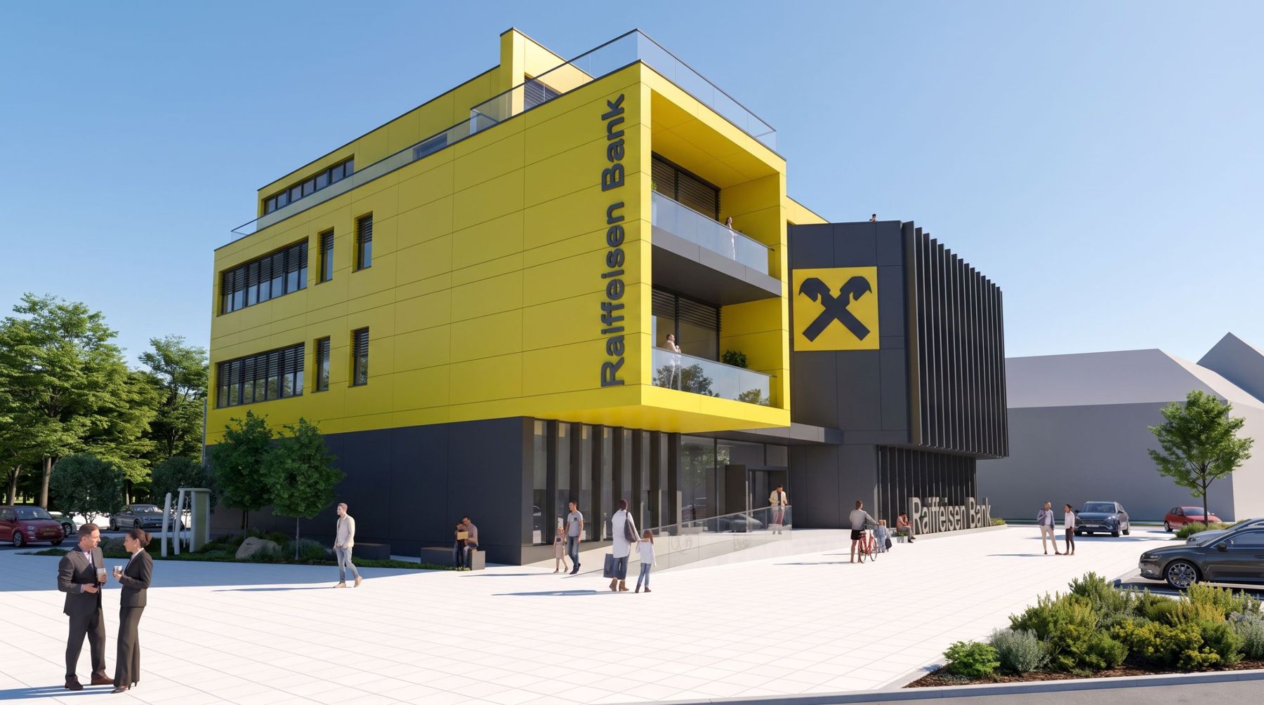 Bank- und Bürogebäude mit gelber Fassade und vertikalem Schriftzug, Seitenansicht vom Vorplatz, Visualisierung