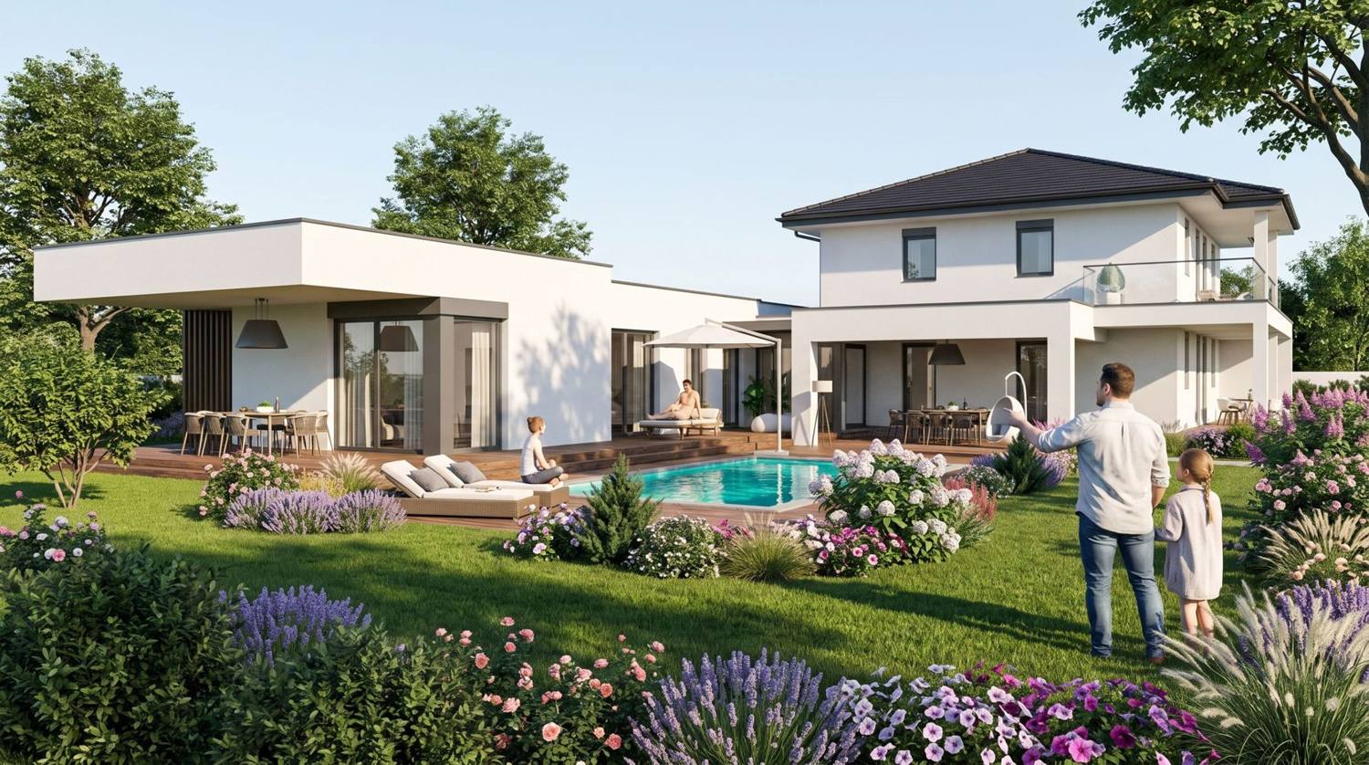 Zwei verbundene Wohnhäuser, eingeschoßiger Flachdachbau und zweigeschoßiges Haus mit Walmdach, gemeinsame Terrasse mit Pool und Garten, Visualisierung