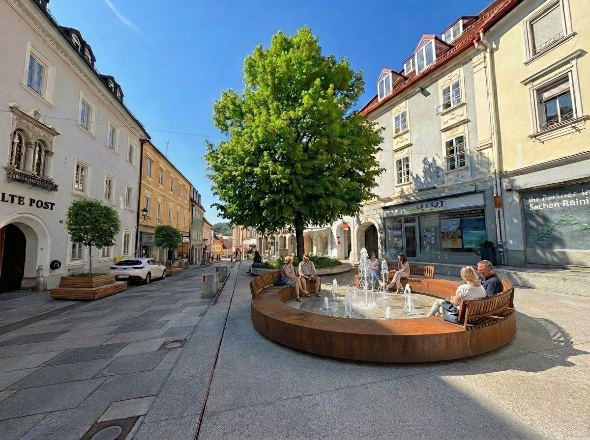 Platz mit rundem Brunnen und Sitzbänken aus Cortenstahl in der Altstadt, Visualisierung