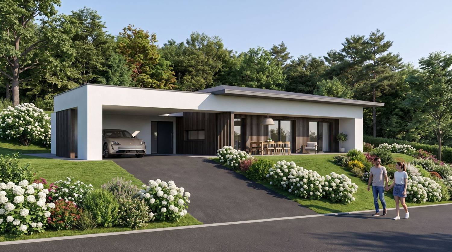 Eingeschoßiges Einfamilienhaus mit flachem Dach, Carport und dunkler Holzfassade an der Terrasse, am Hang mit Hortensien, Visualisierung