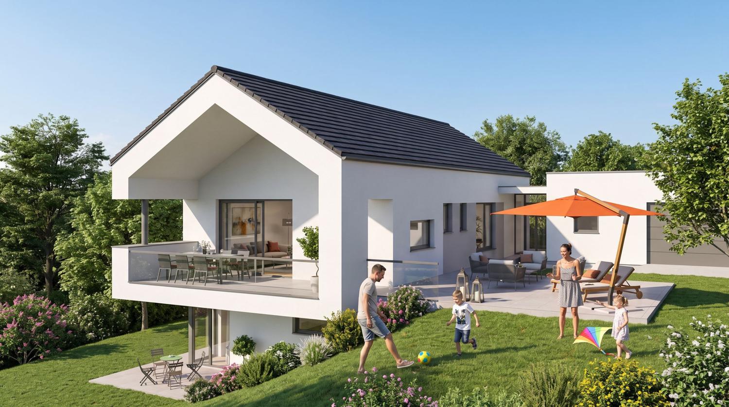 Einfamilienhaus am Hang mit Satteldach, offener Giebelloggia mit Glasbalkon, Gartenterrasse und Garage, Visualisierung