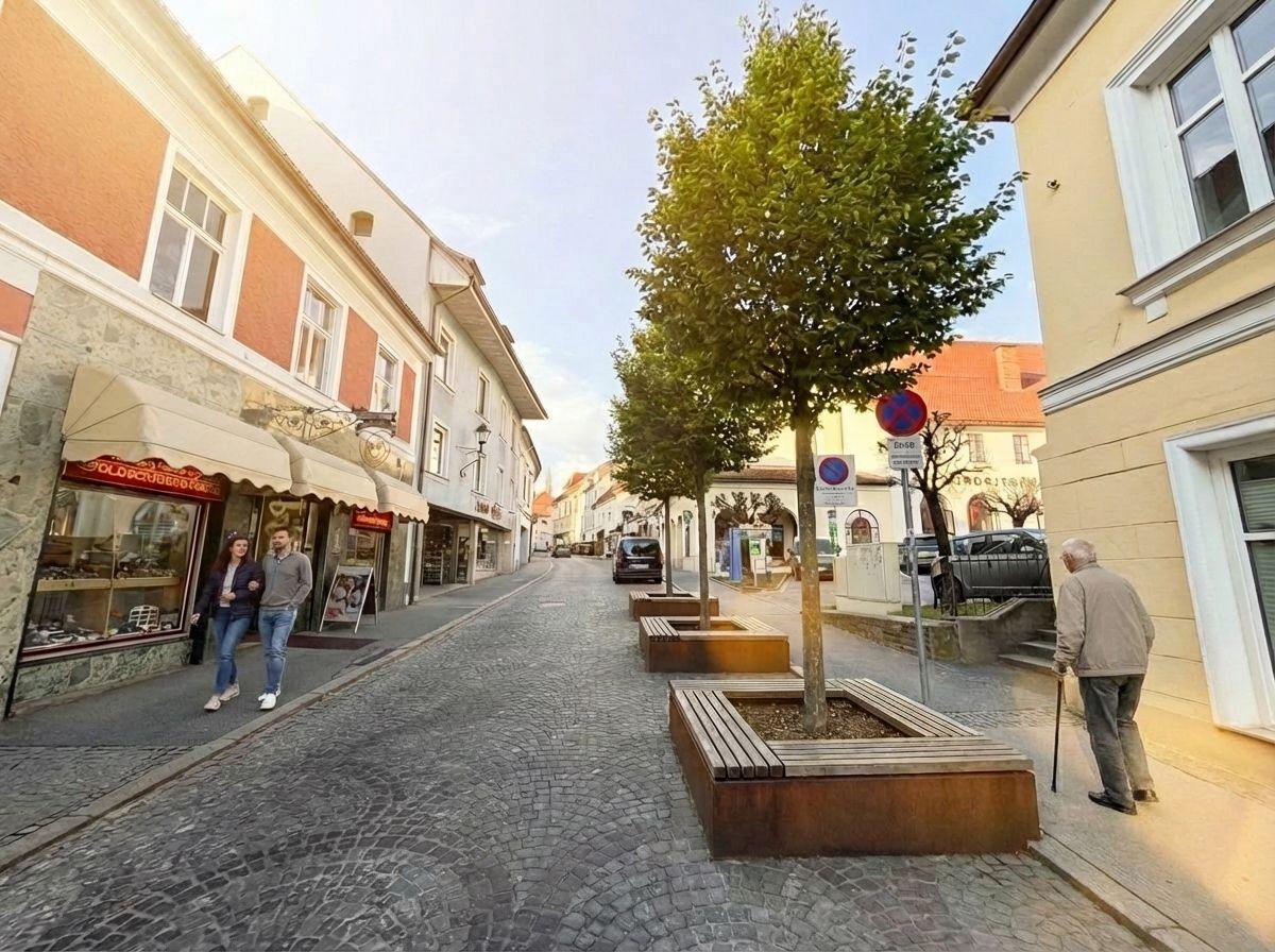 Gasse mit Baumtrögen und Sitzbänken aus Cortenstahl, Visualisierung