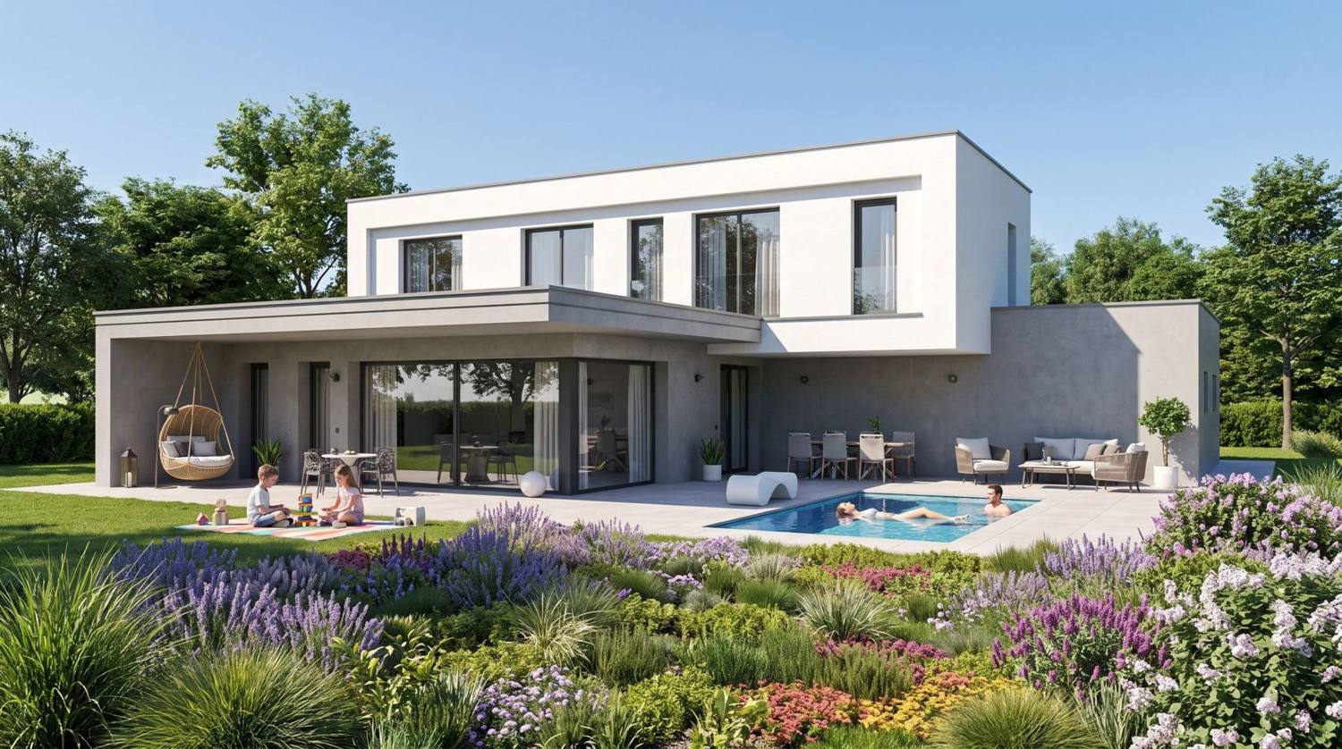 Zweigeschoßiges Einfamilienhaus mit Flachdach, weißem Obergeschoß über grauem Erdgeschoß, Terrasse mit Pool und Staudengarten, Visualisierung