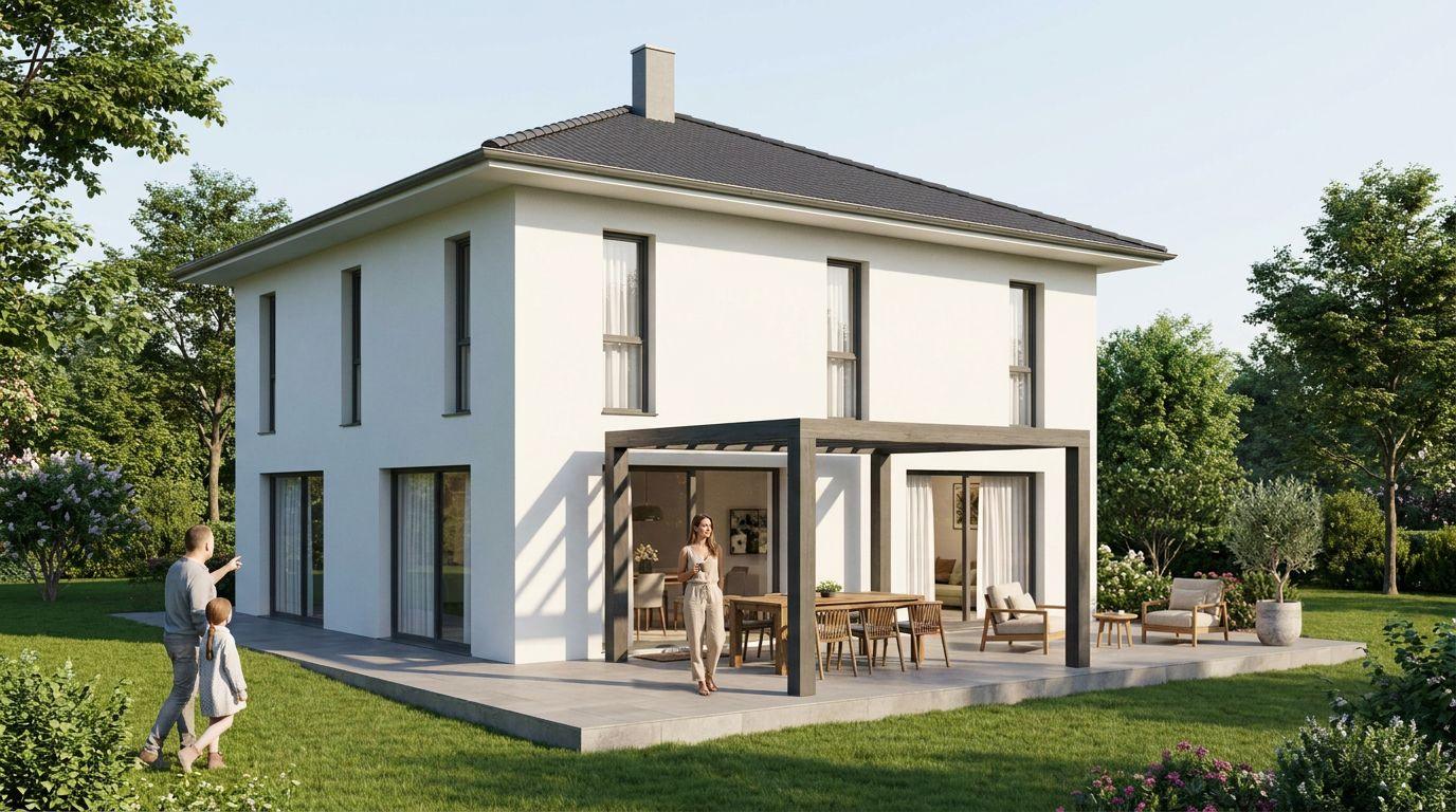 Zweigeschoßiges weißes Einfamilienhaus mit Walmdach, Pergola über der Terrasse und Garten, Visualisierung