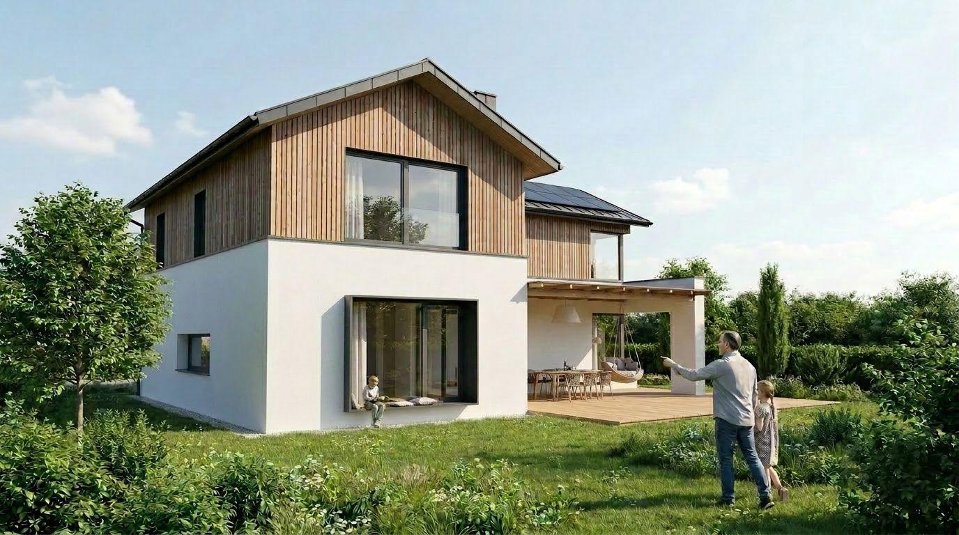 Variante mit holzverschaltem Obergeschoß über weißem Sockelgeschoß und überdachter Terrasse, Visualisierung